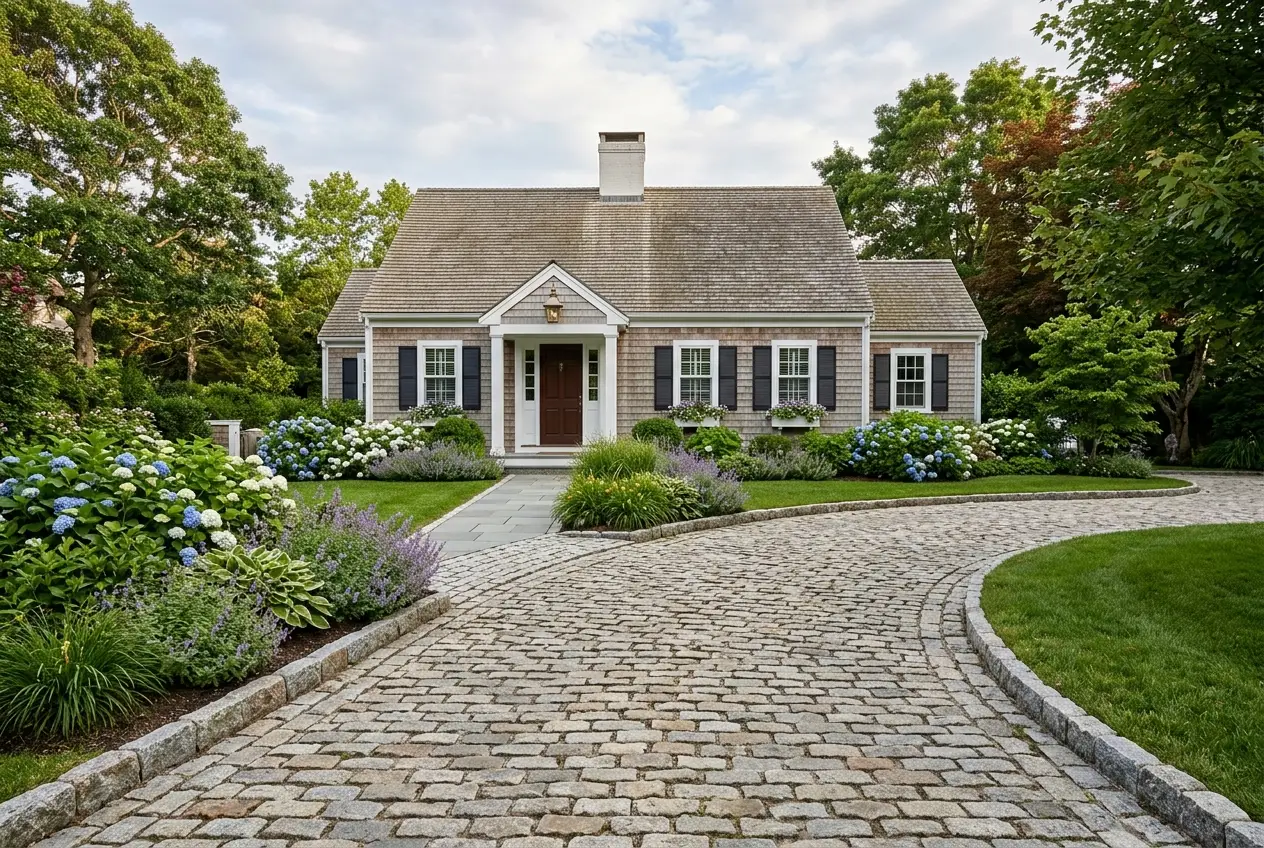 Antique cobblestone driveway with granite edging in Osterville