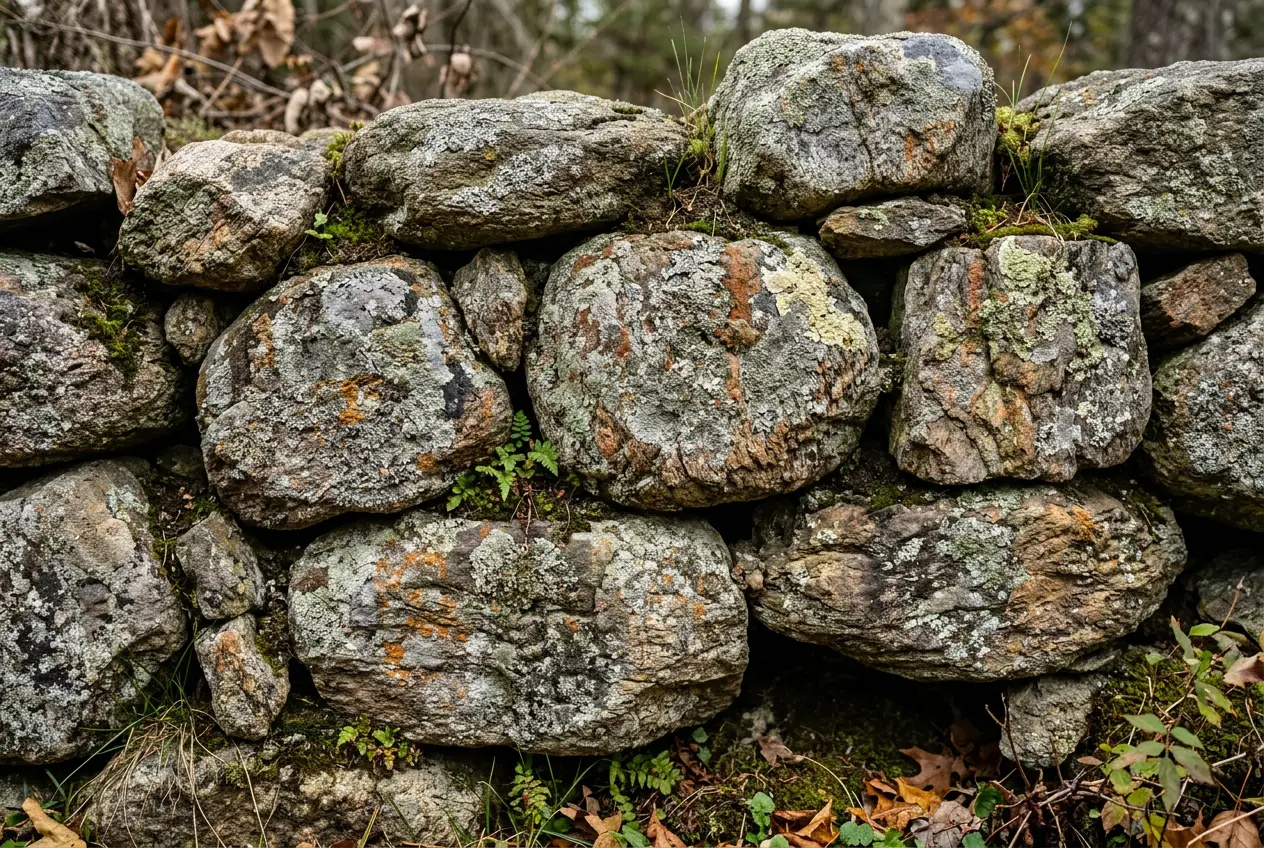 Rounded weathered fieldstone wall texture