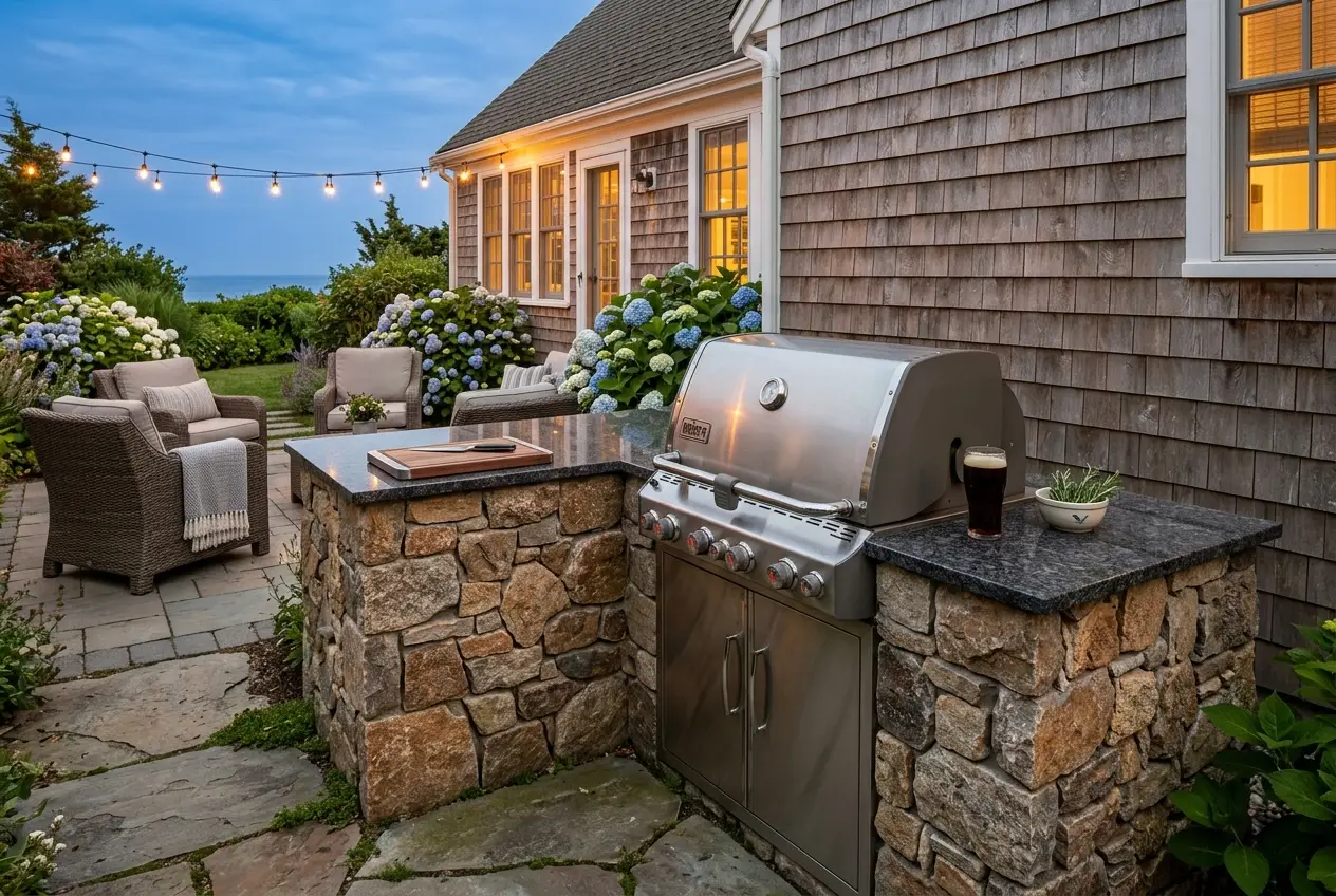 Grill surround and matching fire pit in stone veneer in Harwich