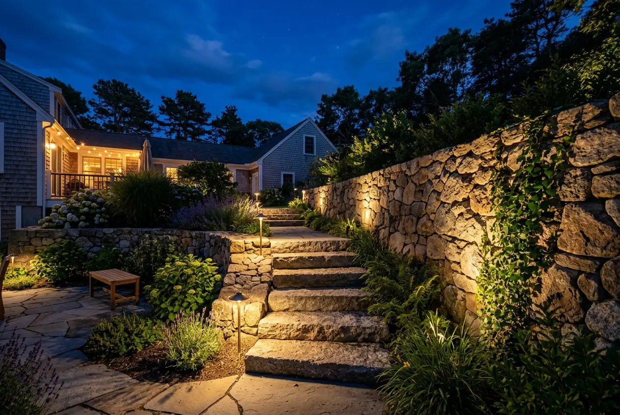Low-voltage landscape lighting washing a stone wall at night