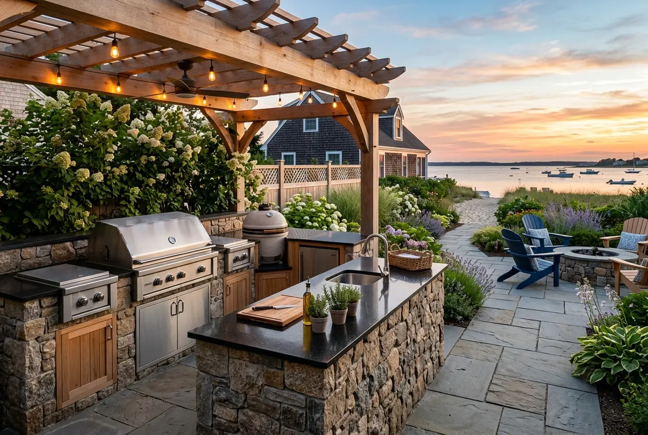 Outdoor kitchen with thin stone veneer and granite counters in Falmouth