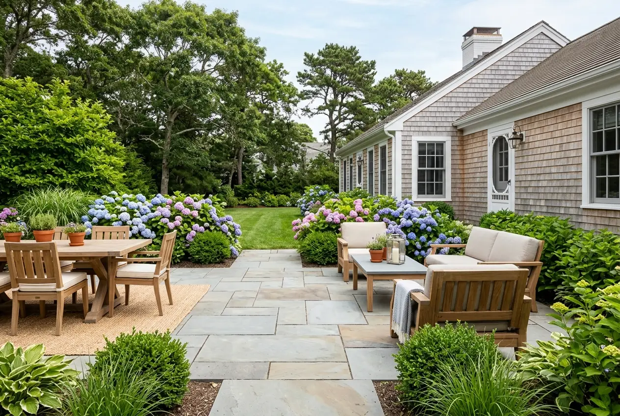 Bluestone patio with round granite fire pit at dusk in Chatham