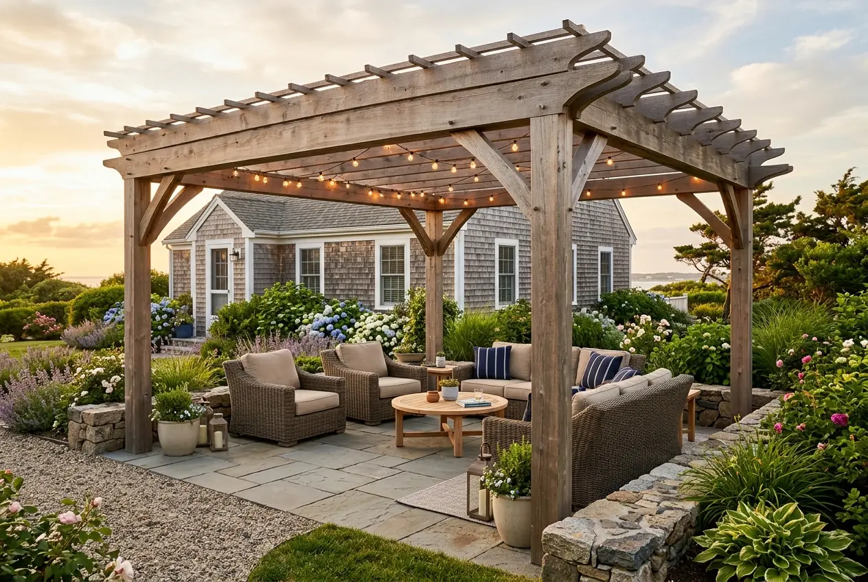 Cedar pergola shading a stone patio seating area