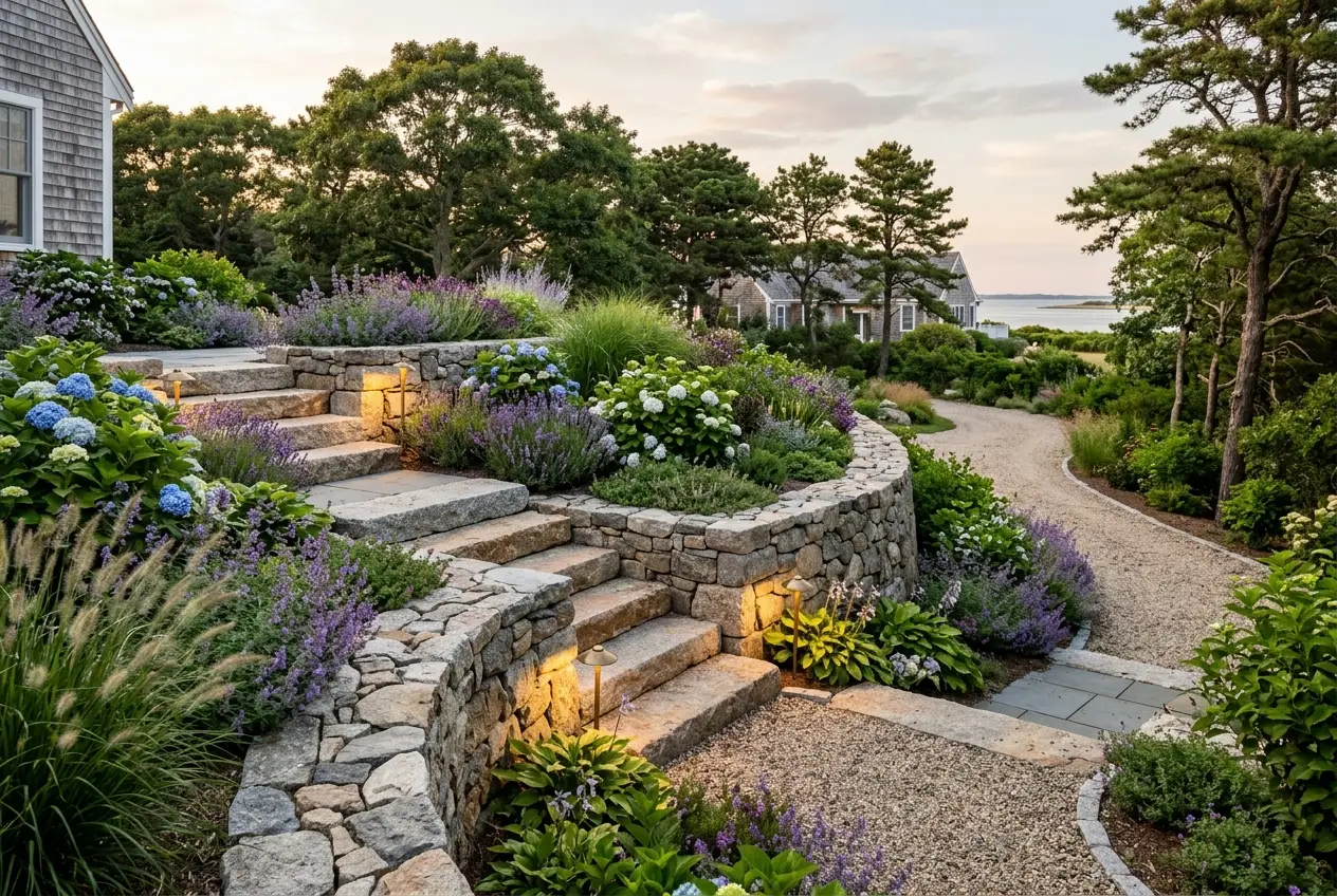 Fieldstone retaining wall with landscape lighting at night in Brewster