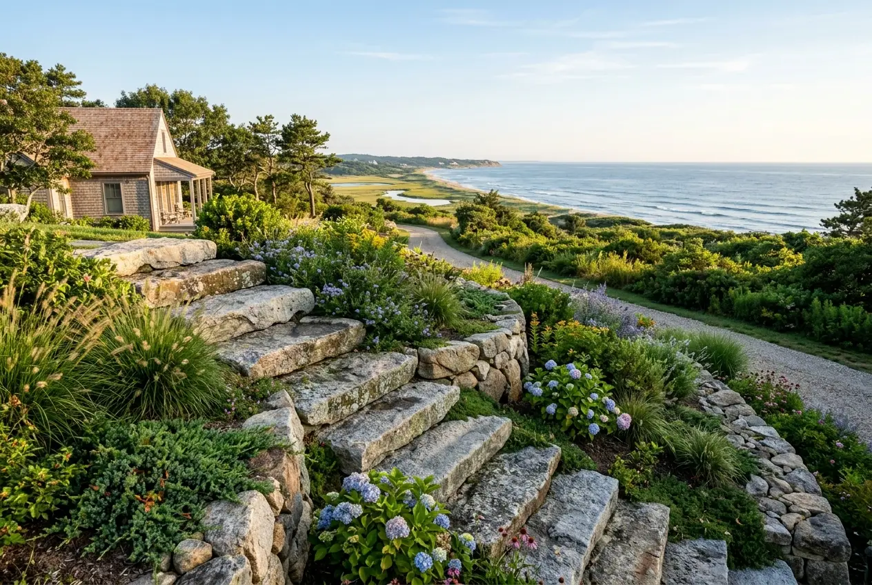 Solid granite steps with bluestone walkway to a Hyannis front entry