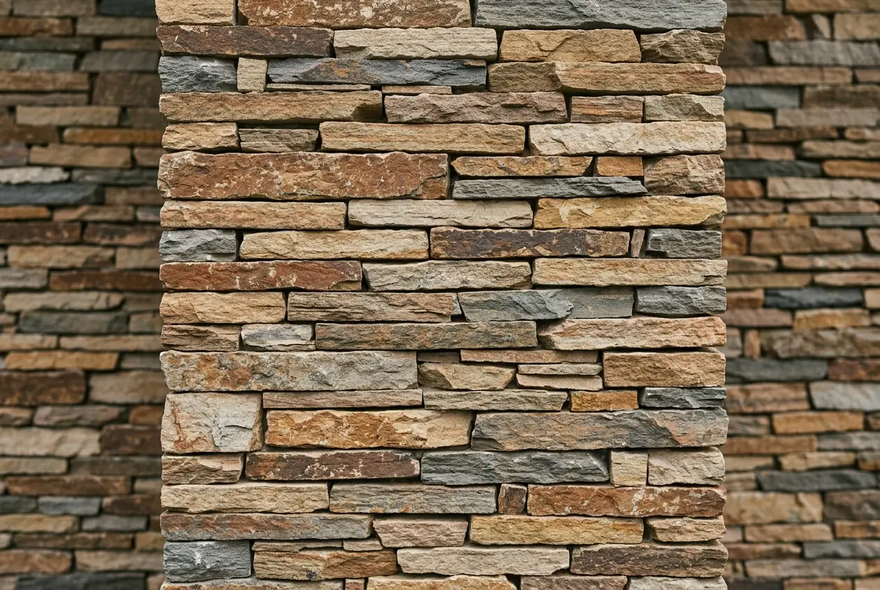 Thin natural stone veneer panels in mixed earth tones