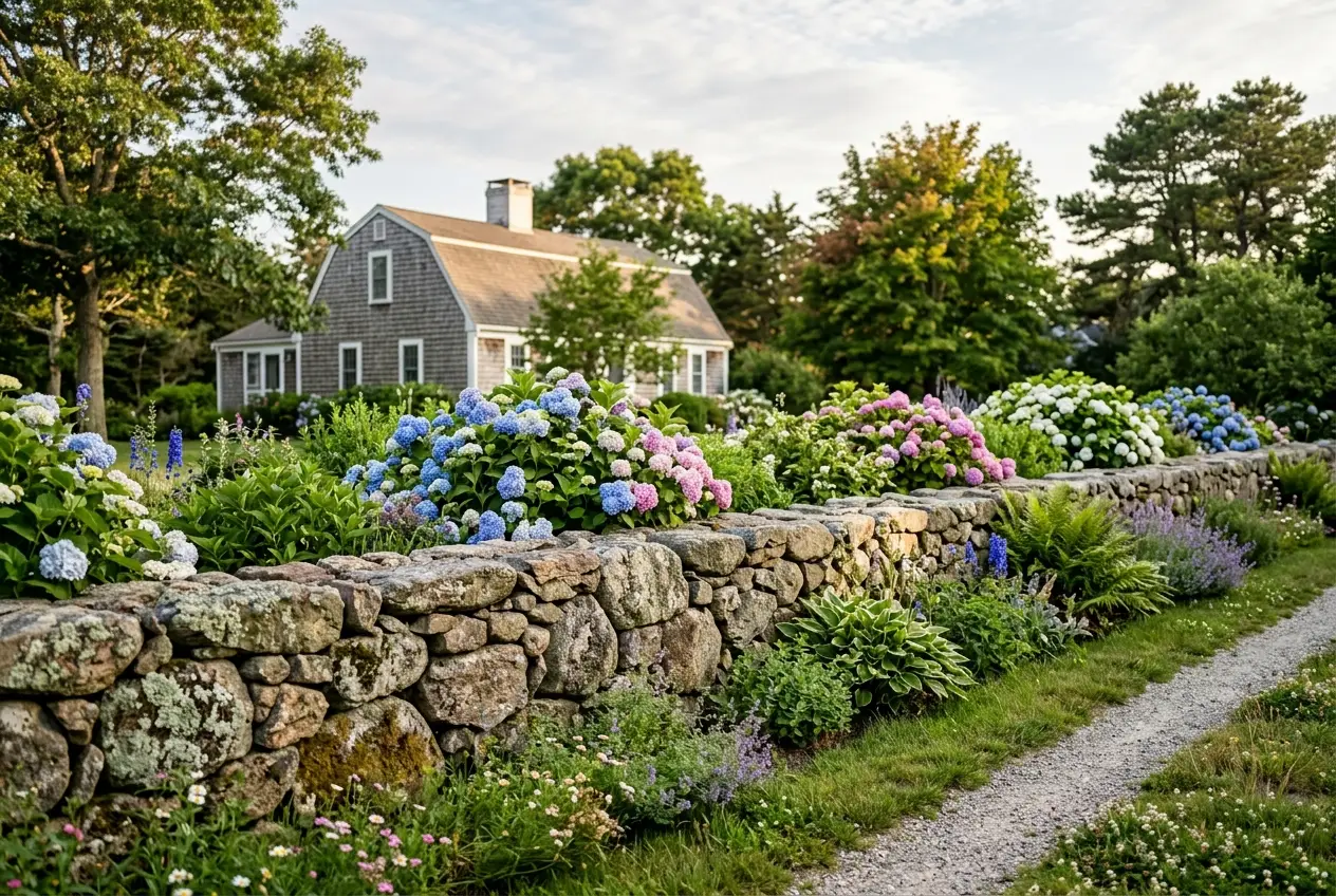 Low fieldstone garden wall bordering perennial beds in Yarmouth