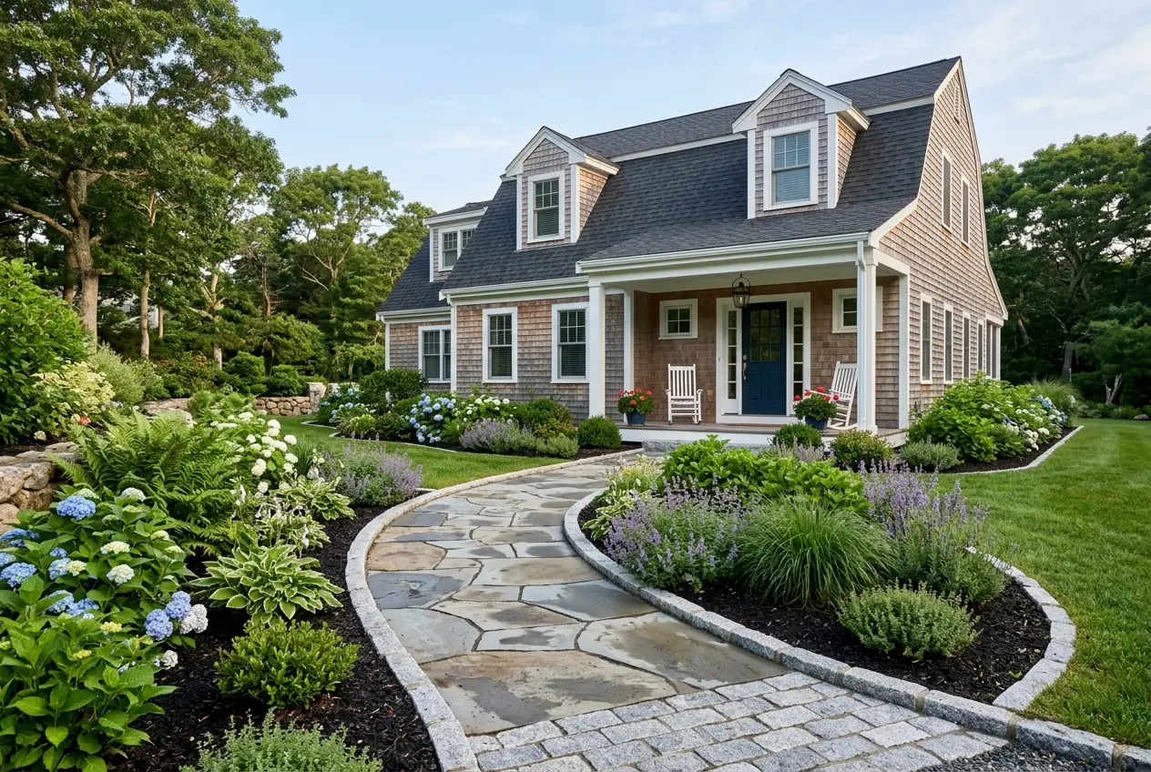 Irregular bluestone garden path through coastal plantings in Orleans