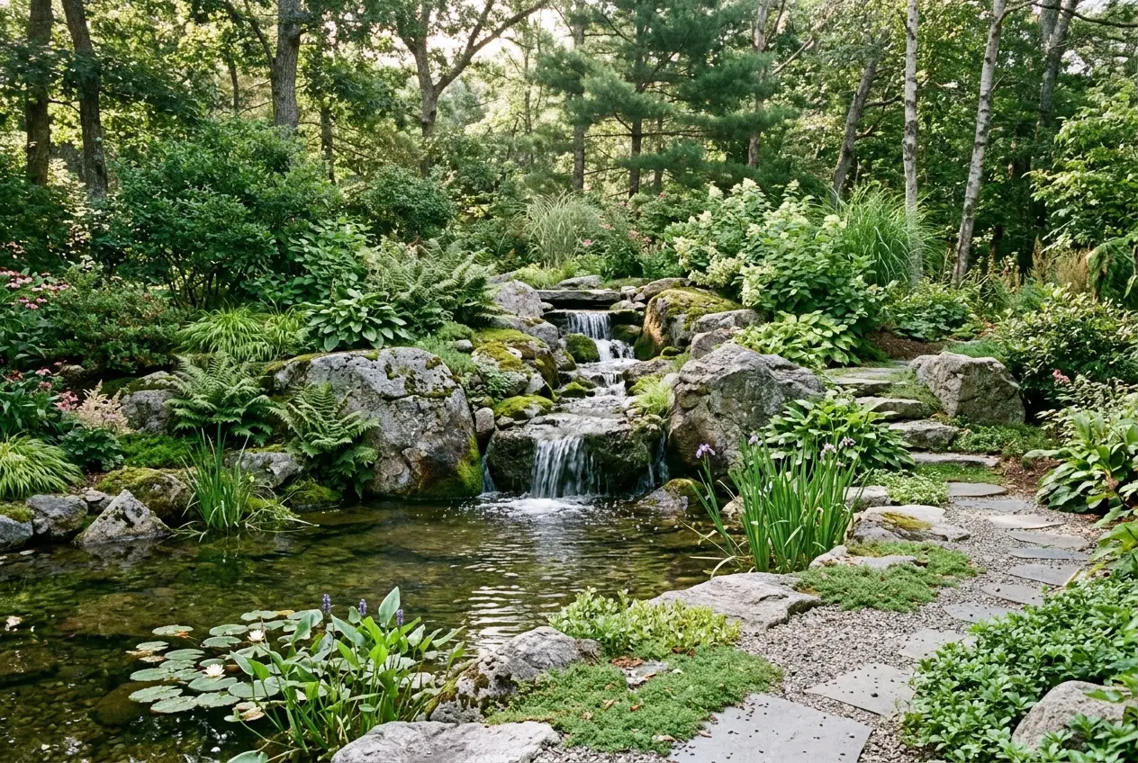Natural stone waterfall and pond feature in a Sandwich garden