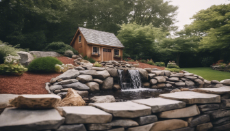 Backyard waterfall with natural stone and plants, creating a peaceful and relaxing atmosphere. Designed by Cape Cod Hardscapes