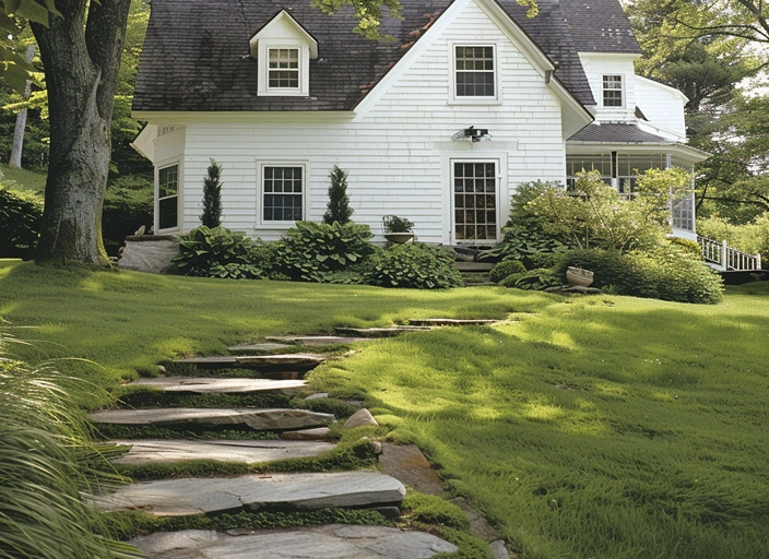 Stone walkway with a variety of colors and textures, designed and installed by Cape Cod Hardscapes